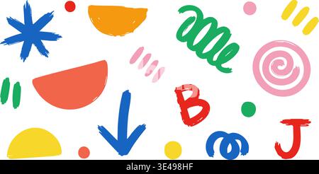 Fun abstract vector art illustration with colorful geometric shapes and brushstroke elements for creative projects. Stock Vector