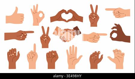 Inclusive collection of diverse human hands making common gestures and signs in a flat vector illustration. Stock Vector
