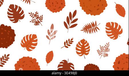 Autumnal botanical foliage seamless vector graphic pattern featuring terracotta and brown leaves on white. Stock Vector