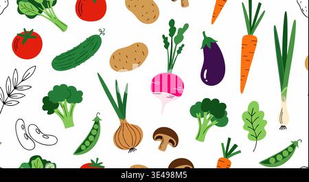 Seamless vector graphic pattern featuring a variety of colorful, hand-drawn, healthy, fresh vegetable design elements. Stock Vector