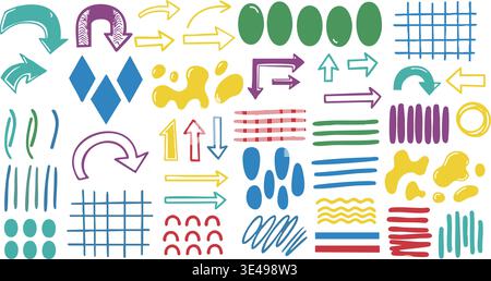 Collection of colorful hand-drawn doodle icons featuring arrows, shapes, lines, and abstract elements: vector graphic set. Stock Vector