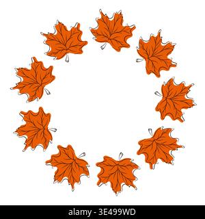 Circular frame of orange maple leaves in flat style on white background. Decorative autumn wreath for seasonal card, invitation and nature themed Stock Vector