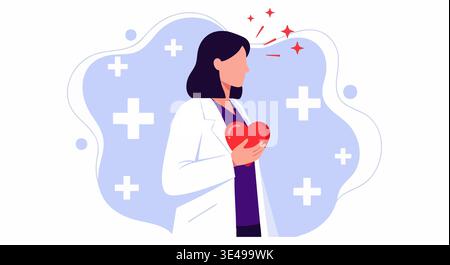 Female medical professional holding a bright red heart symbolizing dedicated cardiac health care. Stock Vector