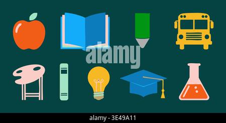 Collection of simple vector graphic icons representing various essential school and educational concepts. Stock Vector