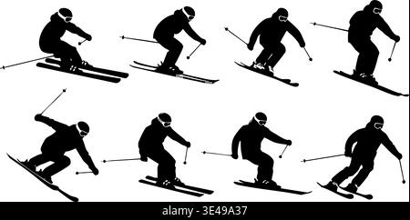 A comprehensive vector illustration featuring various skiing poses and movements, ideal for winter sports projects. Stock Vector