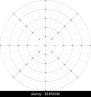 Black line radial dense grid texture with cell corners and dots on white background. FUI science round grid backdrop. Math or technological notebook Stock Vector