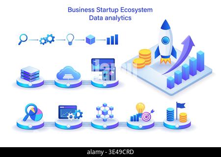 Isometric business startup ecosystem with financial data analytics Stock Vector
