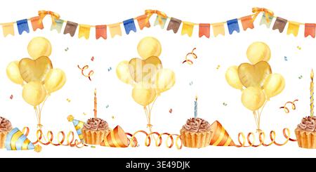 A vibrant horizontal seamless border of helium balloons, a cupcake with a candle, party hats, garlands of bunting. Hand-drawn watercolor illustration Stock Photo
