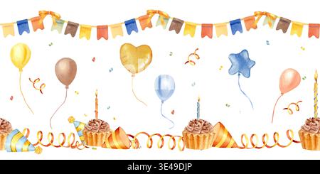 A vibrant horizontal seamless border of helium balloons, a cupcake with a candle, party hats, garlands of bunting. Hand-drawn watercolor illustration Stock Photo