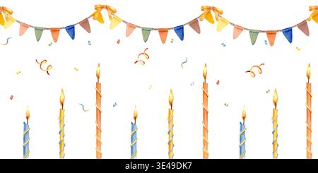 A vibrant horizontal seamless border of garlands of flags, burning candles, and confetti. Hand-drawn watercolor illustration on an isolated background Stock Photo