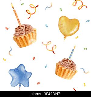 A vibrant seamless pattern featuring blue star-shaped and yellow heart-shaped balloons and cupcakes with lit candles. Hand-drawn watercolor illustrati Stock Photo