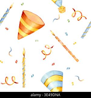 A vibrant seamless pattern featuring triangle-shaped striped party hats and flaming candles. Hand-drawn watercolor illustration on an isolated backgro Stock Photo