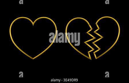 Hearts in gold gradient metallic colors. 3D thin lines, vector illustration on black isolated background. Stock Vector