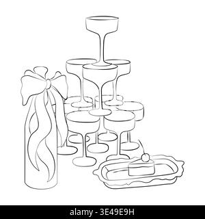 Hand-drawn wedding party decor elements, food and drinks, a piece of wedding cake, champagne bottle with a bow and champagne tower Stock Vector