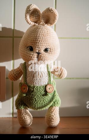 Crochet amigurumi rabbit standing on polished wood, handmade with textured stitches, expressive eyes and custom knitted green overalls cute, warm studio shot for nursery decor Stock Photo