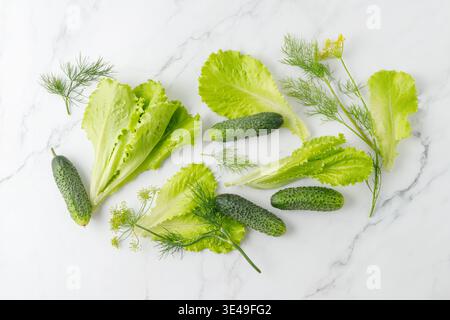 Fresh summer harvesting green small cucumbers, lettuce salad leaves and dill branches on white marble background. Healthy food ingredients. Stock Photo