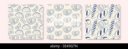 Set seamless pattern with hand drawn bakery bread items in blue on cream. Patterns include heart shaped pretzels, croissant, bread and baguettes. Styl Stock Vector