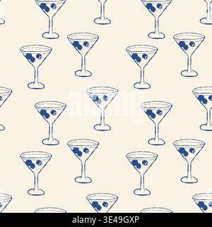 Blue line drawings of martini glasses with olives on beige background. Pattern repeats seamlessly across image. Ideal for cocktail themed designs, par Stock Vector