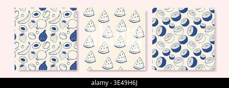 Three patterned panels in soft blue tones on cream background. Each features playful, hand drawn fruit illustrations: first with berries and melons, s Stock Vector