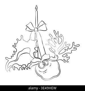Hand-drawn wedding decor elements composition such as candle, bow, coral, rococo shell and engagement rings, for card, invitation Stock Vector