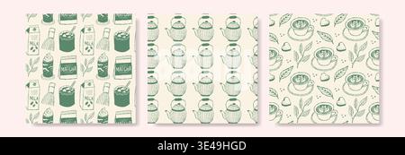 Three patterned designs feature whimsical green matcha tea on cream backgrounds. Stock Vector