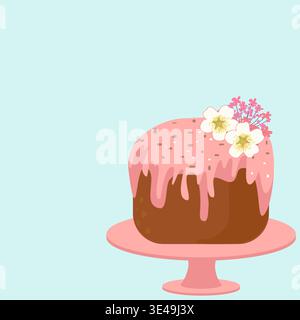 Easter cake on cake stand vector illustration. Traditional pascha bread with pink glaze and spring flowers on blue background Stock Vector