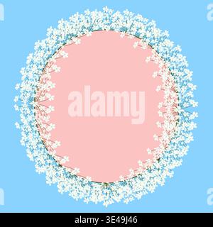 Floral wreath vector frame on blue and pink background. Round white flower border with copy space Stock Vector
