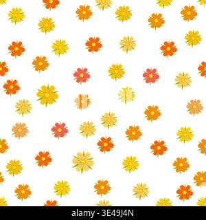 Seamless flower pattern vector on transparent background. Colorful meadow blossoms with orange, yellow and pink flowers Stock Vector