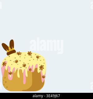 Easter cake with chocolate bunny in crown vector illustration. Traditional pascha bread with pink and yellow glaze on blue background Stock Vector