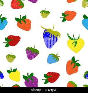 Seamless strawberry pattern in pop art style. Colorful berries vector background with blue, yellow and red fruits Stock Vector