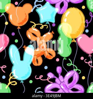 Air balloons on black background. Colorful holiday seamless pattern. Vector illustration of animals sculpture toys made from air balloons. Kids fashio Stock Vector