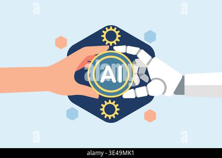 Human hand and robotic arm jointly holding an AI emblem surrounded by gears and hexagons, symbolizing collaboration, automation, innovation and the in Stock Photo