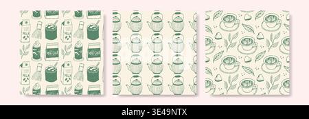 Three patterned designs feature whimsical green matcha tea on cream backgrounds. Stock Vector