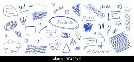 Scribble doodle set on notebook paper. Hand drawn blue ink elements for design. Speech bubbles, arrows, hearts and shapes. Vector illustration for cre Stock Vector