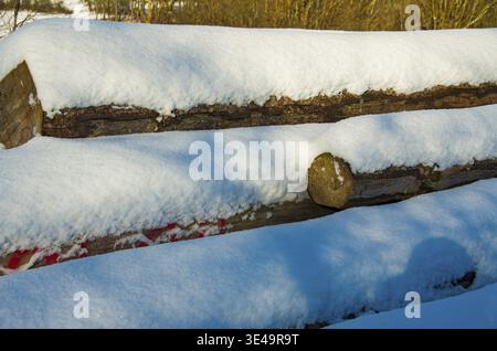 Wood logs covered in a thick layer of white snow during a bright winter day outdoors Stock Photo