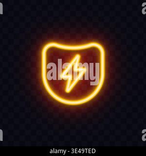 Glowing neon lightning symbol inside a shield shape. Bright electric protection sign with warm yellow light on dark transparent background. Perfect Stock Vector