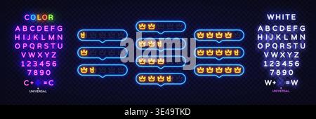 Neon crown rating bubbles with glowing gold symbols. Bright luxury score indicators on dark brick wall background create premium review concept Stock Vector