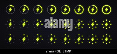 Set of neon electricity progress icons with circular loading indicators and energy effects. Bright glowing symbols in modern electric style Stock Vector