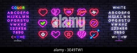 Neon heart icon set with colorful alphabet and numbers. Bright glowing love symbols in different styles on dark brick wall background. Perfect for Stock Vector