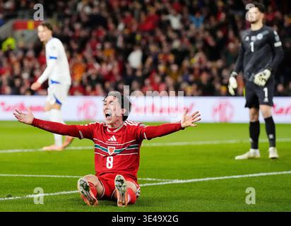 CARDIFF, WALES - MARCH 26: Harry Wilson of Wales prepares to take a ...