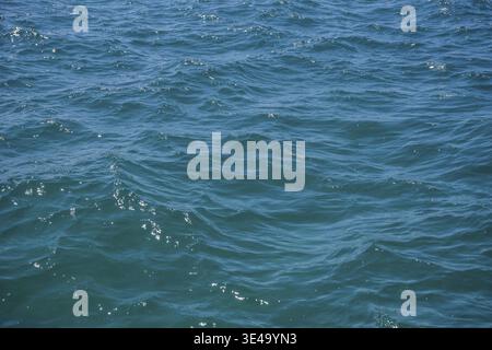 Blue sea water surface showing small waves and sparkling sun reflections Stock Photo