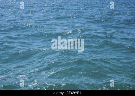 Ocean water surface ripples reflecting sunlight, creating a dynamic turquoise blue background Stock Photo