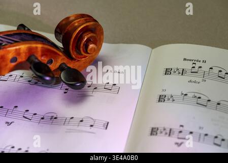 Detailed view of a violin with scroll and pegbox in front of sheet music, studio photograph, Germany Stock Photo