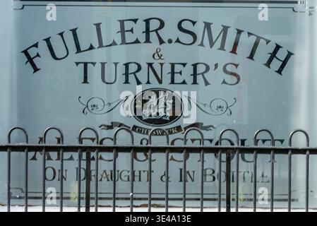 Fuller . Smith and Turner's etched glass advertising public house window in Ryde on the isle of wight, England, UK Stock Photo