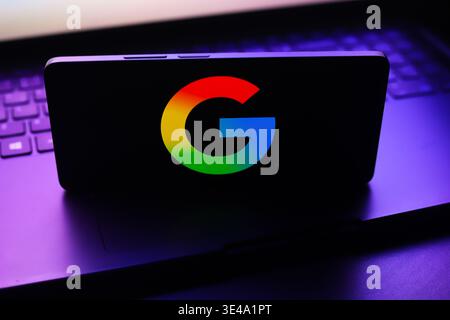 The Google logo appears on a smartphone screen in this photo illustration in Ontario, Canada, on March 26, 2026. Google has released Gemini 3.1 Flash Stock Photo