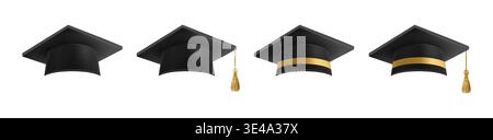 Realistic Black graduate caps set. 3D Graduation Doctoral hat. Stock Vector