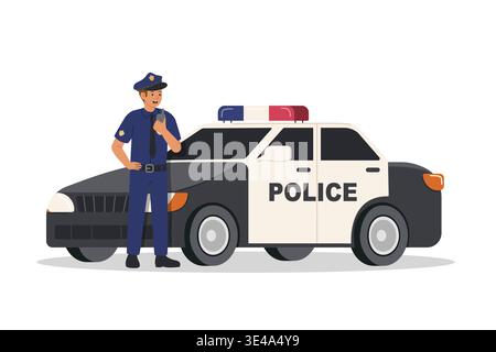 Radio communication. Police officer in blue uniform standing near his car and transmitting message via radio. Vector illustration. Stock Vector