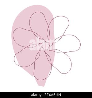 A minimalist abstract flower drawing presents six petals formed by a continuous dark line. A subtle, light pink, organic shape softly complements the design, set against a clean white backdrop. Stock Vector