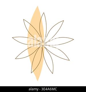 An abstract floral design features radiating brown line shapes resembling petals or leaves, centered on a single, elongated, light orange-brown solid form. Stock Vector