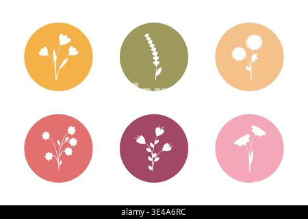 A collection of six stylized white flower cutouts presented inside colorful pastel circles. Each circle features a unique floral design set on a clean white background. Stock Vector